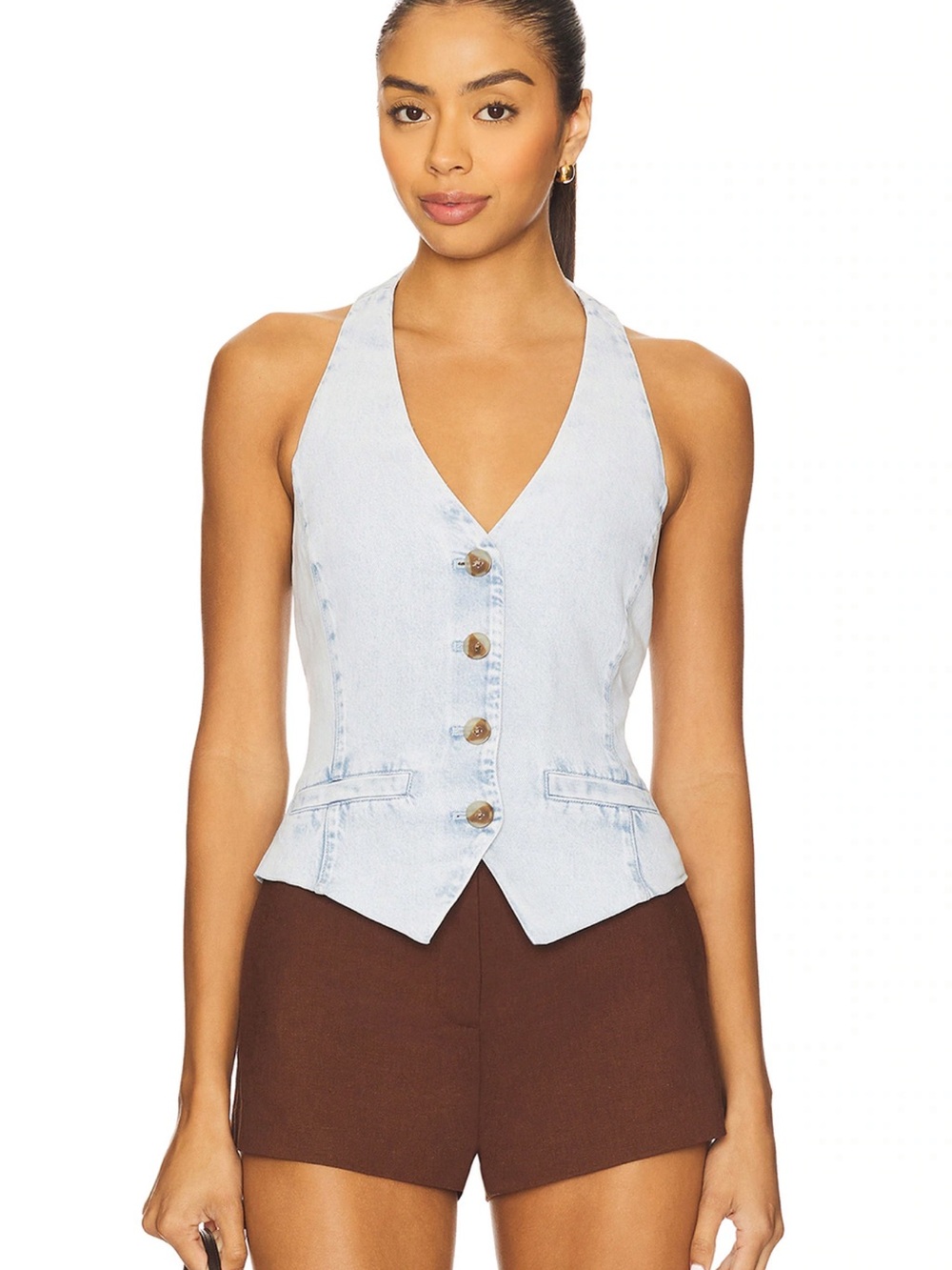 Astr Light Wash Denim Halter Button Tank